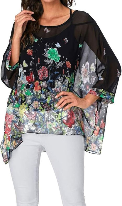 Josephine - Womens Floral Loose Batwing Sleeve Bohemian Sheer Chiffon Oversize Off Shoulder Blouse Tunic Tops