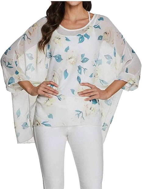 Josephine - Womens Floral Loose Batwing Sleeve Bohemian Sheer Chiffon Oversize Off Shoulder Blouse Tunic Tops