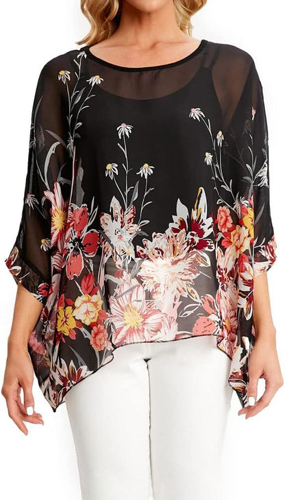 Joyce - Women's Sheer Floral Batwing Sleeve Oversized Off-Shoulder Tunic Blouse