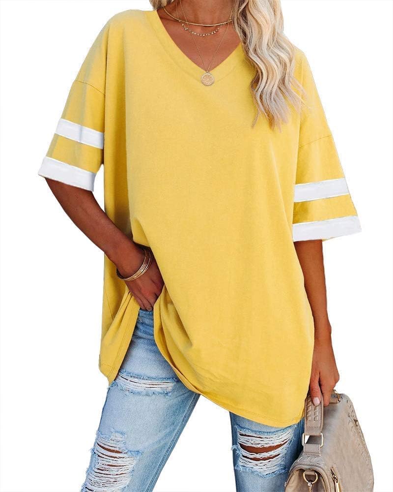 Beverley - Casual Oversized T Shirts Short Sleeve V Neck Basic Plain Cotton Tee Tops.