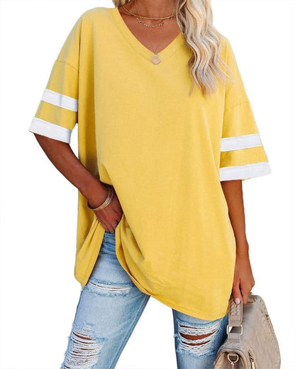 Beverley - Casual Oversized T Shirts Short Sleeve V Neck Basic Plain Cotton Tee Tops.