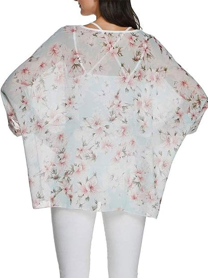 Joyce - Women's Sheer Floral Batwing Sleeve Oversized Off-Shoulder Tunic Blouse