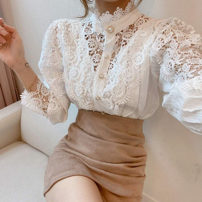 Tivy -  Elegant Lace Trim Shirts Casual Victorian Blouse Long Sleeve Button Down Tops