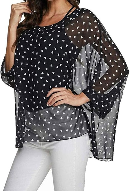 Joyce - Women's Sheer Floral Batwing Sleeve Oversized Off-Shoulder Tunic Blouse