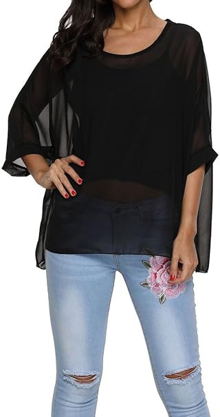 Joyce - Women's Sheer Floral Batwing Sleeve Oversized Off-Shoulder Tunic Blouse