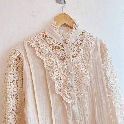 Tivy -  Elegant Lace Trim Shirts Casual Victorian Blouse Long Sleeve Button Down Tops