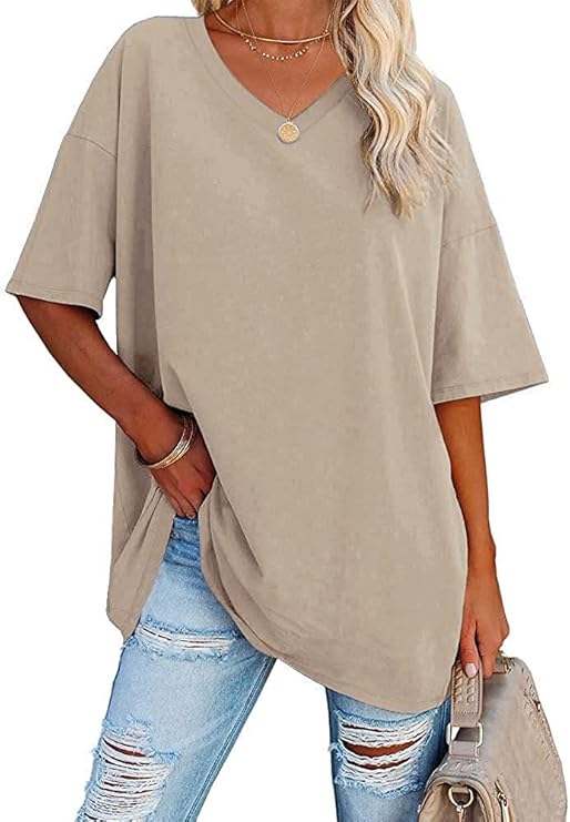 Beverley - Casual Oversized T Shirts Short Sleeve V Neck Basic Plain Cotton Tee Tops.