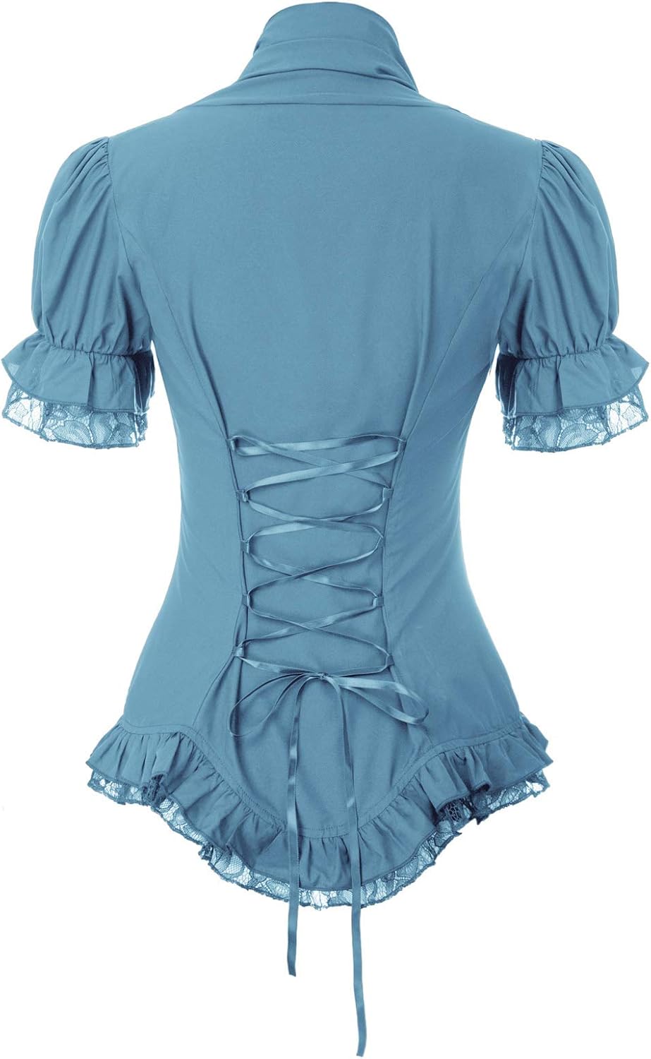 Sandra - Gothic Victorian Women's Lace-Up Blouse with Puff Sleeves and V-Neck Design