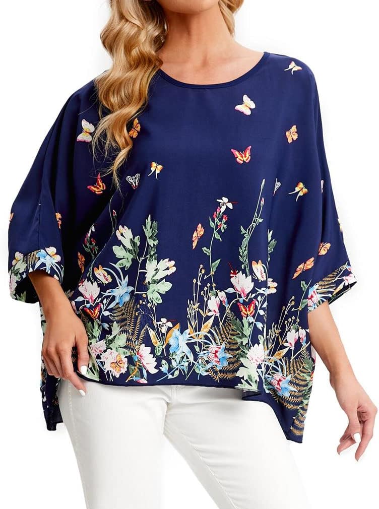 Joyce - Women's Sheer Floral Batwing Sleeve Oversized Off-Shoulder Tunic Blouse