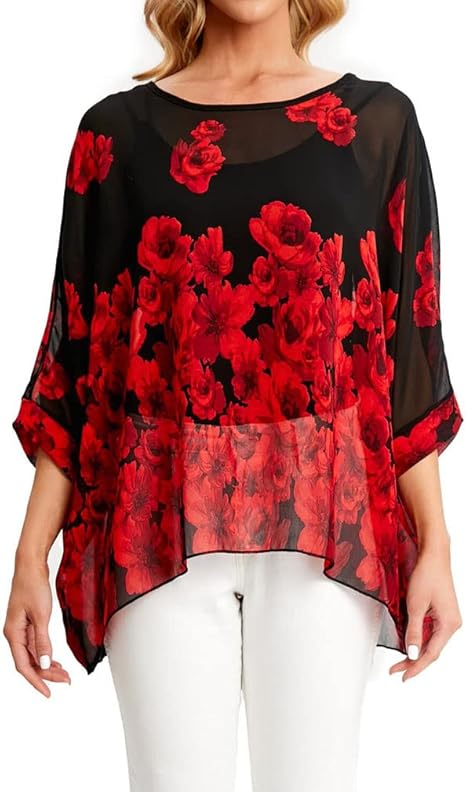 Josephine - Womens Floral Loose Batwing Sleeve Bohemian Sheer Chiffon Oversize Off Shoulder Blouse Tunic Tops