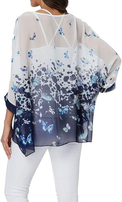 Josephine - Womens Floral Loose Batwing Sleeve Bohemian Sheer Chiffon Oversize Off Shoulder Blouse Tunic Tops