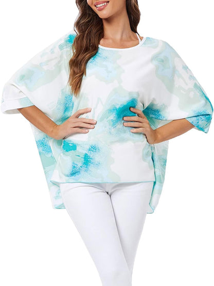 Joyce - Women's Sheer Floral Batwing Sleeve Oversized Off-Shoulder Tunic Blouse