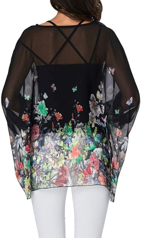 Josephine - Womens Floral Loose Batwing Sleeve Bohemian Sheer Chiffon Oversize Off Shoulder Blouse Tunic Tops