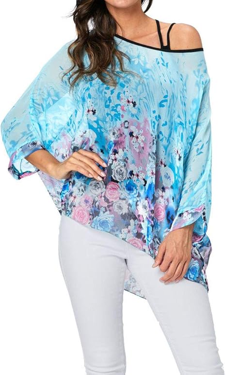 Josephine - Womens Floral Loose Batwing Sleeve Bohemian Sheer Chiffon Oversize Off Shoulder Blouse Tunic Tops