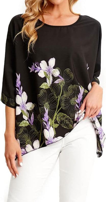 Joyce - Women's Sheer Floral Batwing Sleeve Oversized Off-Shoulder Tunic Blouse