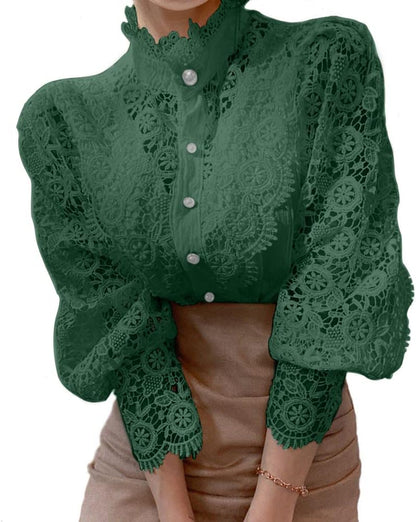 Tivy -  Elegant Lace Trim Shirts Casual Victorian Blouse Long Sleeve Button Down Tops