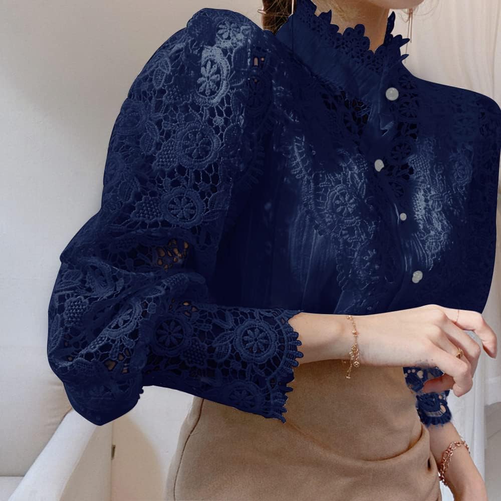 Tivy -  Elegant Lace Trim Shirts Casual Victorian Blouse Long Sleeve Button Down Tops