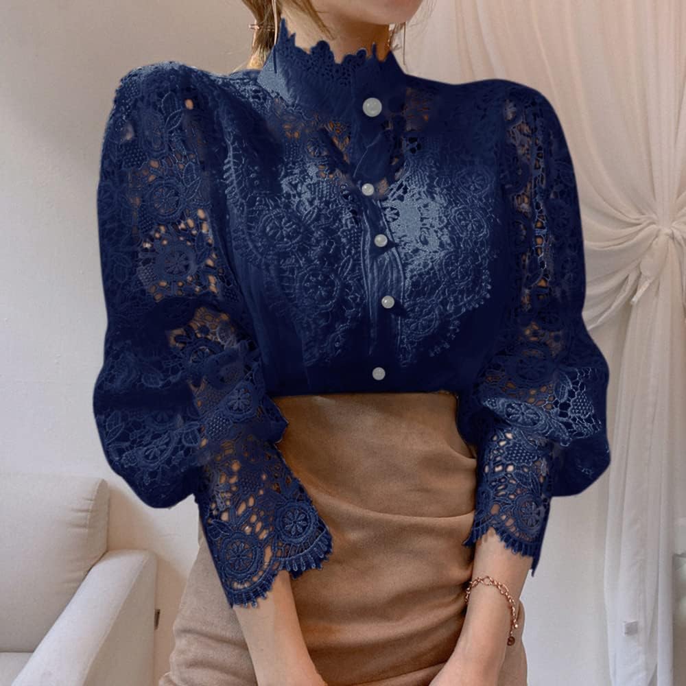 Tivy -  Elegant Lace Trim Shirts Casual Victorian Blouse Long Sleeve Button Down Tops