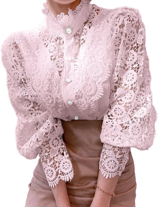 Tivy -  Elegant Lace Trim Shirts Casual Victorian Blouse Long Sleeve Button Down Tops