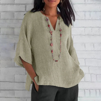 Relaxed Fit V-Neck Solid Color Cotton Linen Blouse