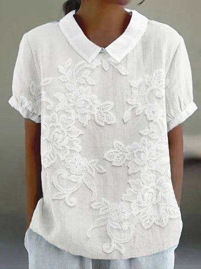 Retro Lace-Trimmed Floral Linen Blend Top