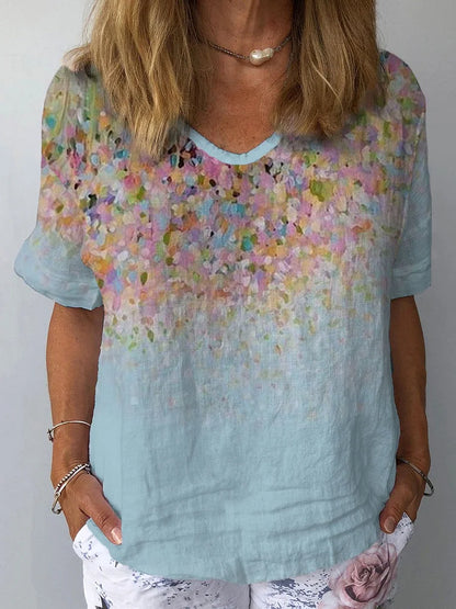 Floral Print Cotton-Linen V-Neck T-Shirt for Women