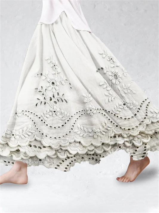 Lace Trim Cottage Floral Embroidered Linen Blend Flowy Skirt