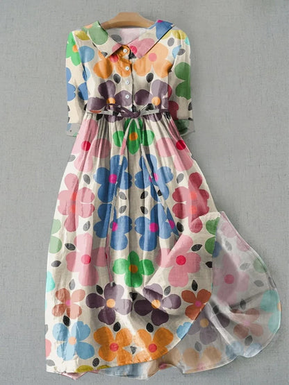 Whimsical Cartoon Floral Print Loose Tie Dress