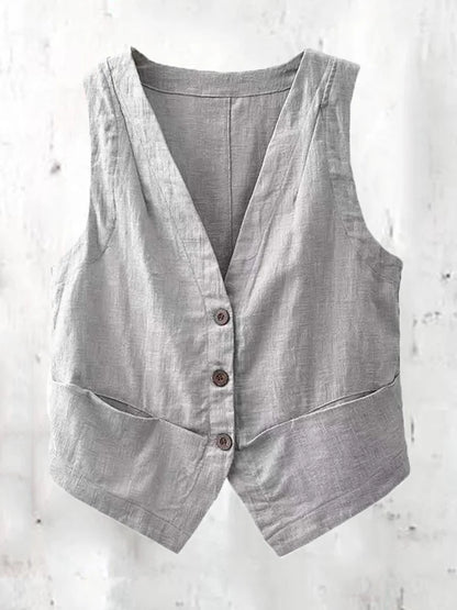 Vintage Solid Cotton-Linen Button-Up Jacket