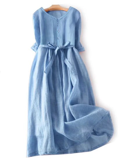 Chic – Elegant cotton linen tie dress