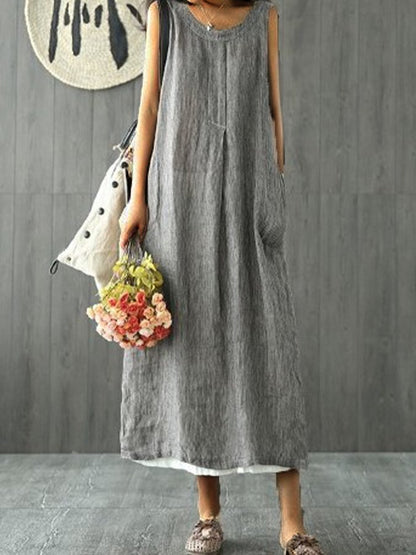 Casual Women's Sleeveless Solid Cotton-Linen Dress with Round Neck