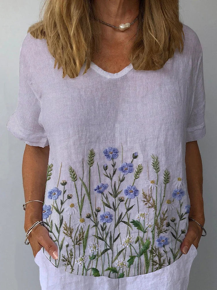 Vintage Floral V-Neck Cotton-Linen Top for Women