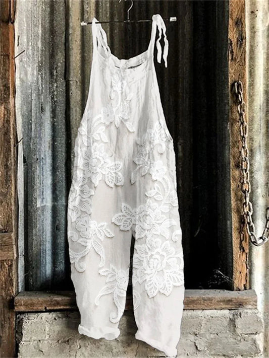 Retro Floral Lace-Trimmed Linen Blend Jumpsuit