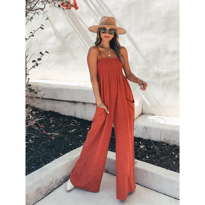 Chic Ladies Smocked Top Wide Leg Jumpsuit