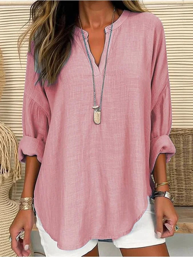 Long-Sleeved Cotton Beach Shirt with Round Neckline: Loose Fit