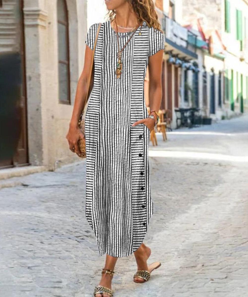 Winslow - Black and White Striped Midi Dress with Short Sleeves