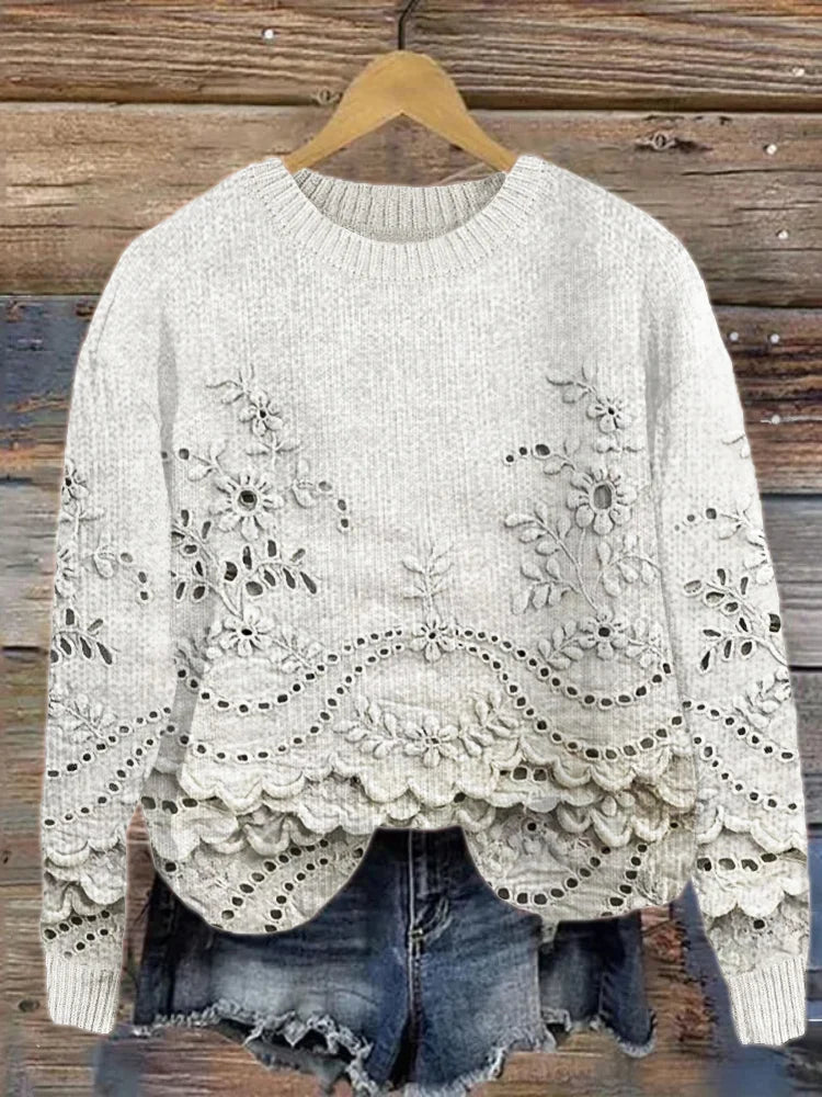 Retro Floral Lace Knit Sweater with Cozy Embroidery