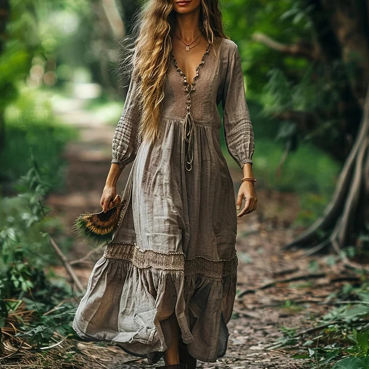 Women's Ethnic-Inspired Loose-Fit Linen Maxi Dress