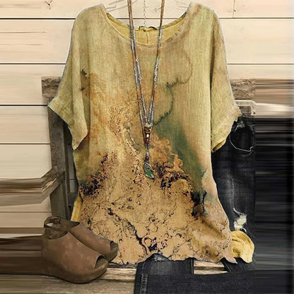 Bohemian Style Loose Fit Tie-Dye Cotton Linen Short Sleeve Top