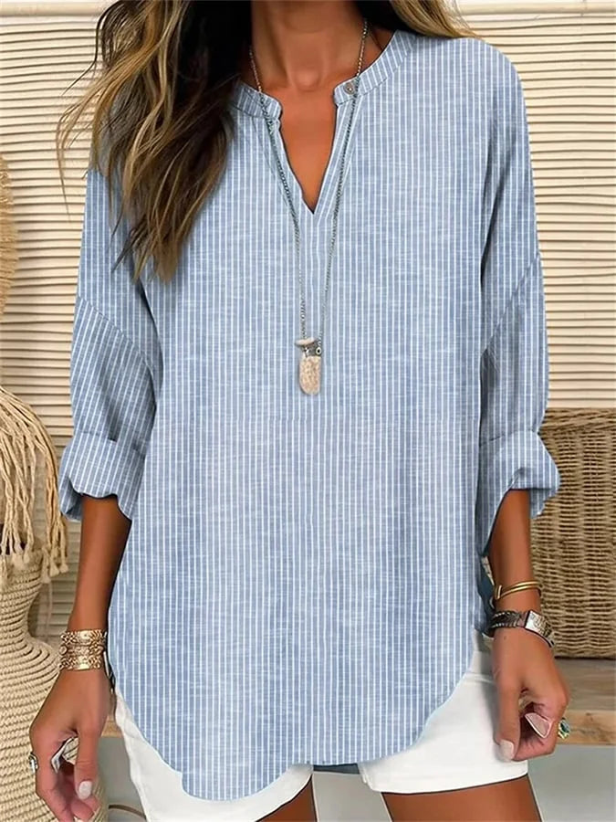 Luna V-Neck Shirt with Chic Stripes: Effortless Elegance