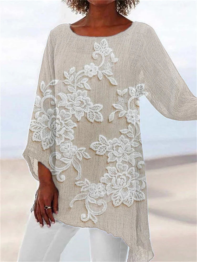 Bohemian Lace-Embroidered Floral Tunic in Linen Blend