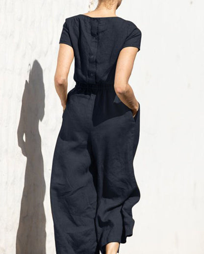 Relaxed Fit Cotton-Linen Wide Leg Jumpsuit with Short Sleeves and Round Neck