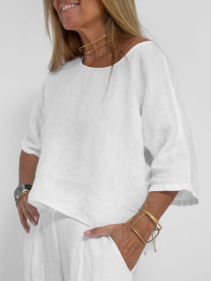 Chic Linen Elbow Sleeve Coordinating Set for Women - Effortless Casual Comfort