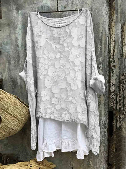 Bohemian Floral Embroidered Linen Blend Flowing Tunic