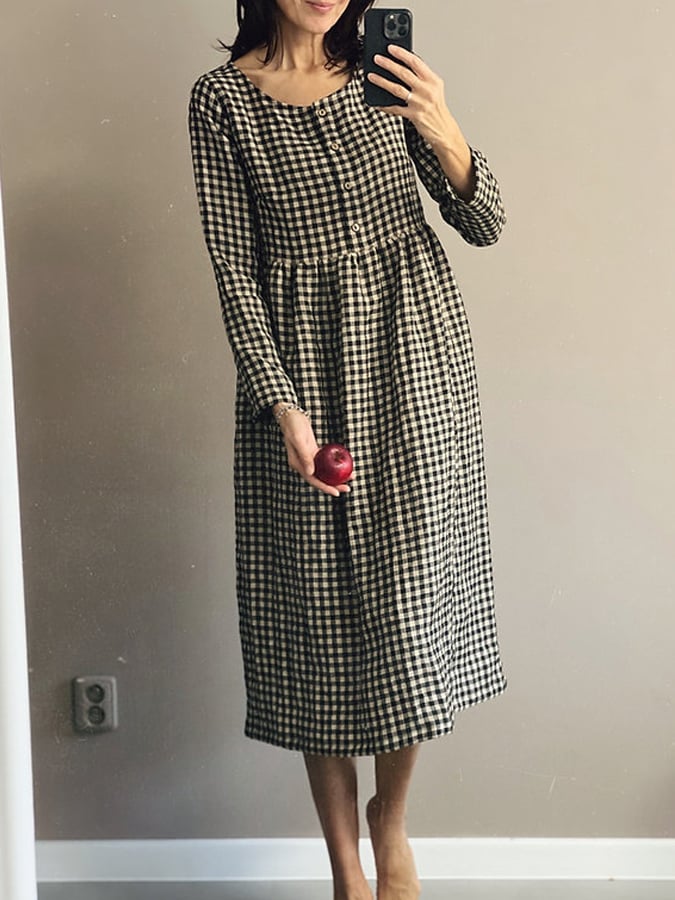 Women's Casual Loose Fit Plaid Linen Dress