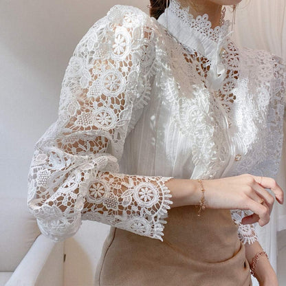 Tivy -  Elegant Lace Trim Shirts Casual Victorian Blouse Long Sleeve Button Down Tops