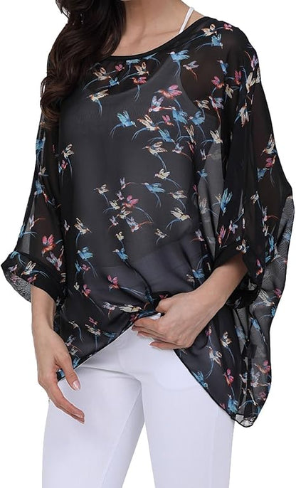 Joyce - Women's Sheer Floral Batwing Sleeve Oversized Off-Shoulder Tunic Blouse