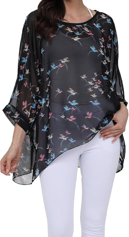 Joyce - Women's Sheer Floral Batwing Sleeve Oversized Off-Shoulder Tunic Blouse