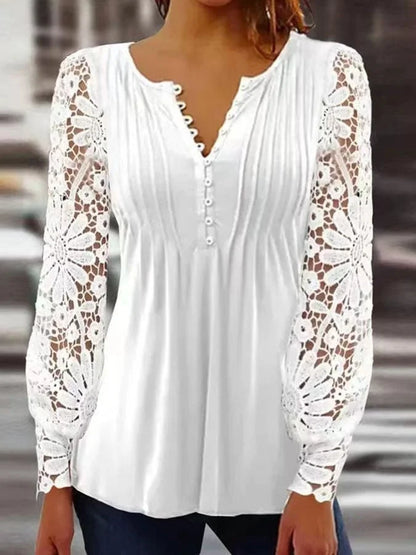 Elegant Long Sleeve Cotton and Linen Shirt with Delicate Lace Embroidery