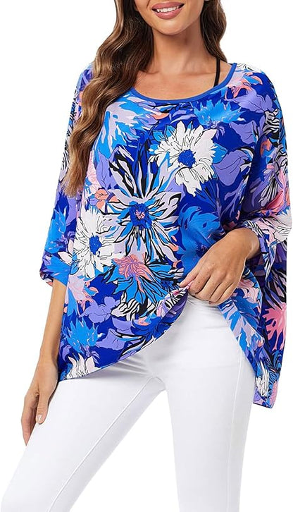 Joyce - Women's Sheer Floral Batwing Sleeve Oversized Off-Shoulder Tunic Blouse